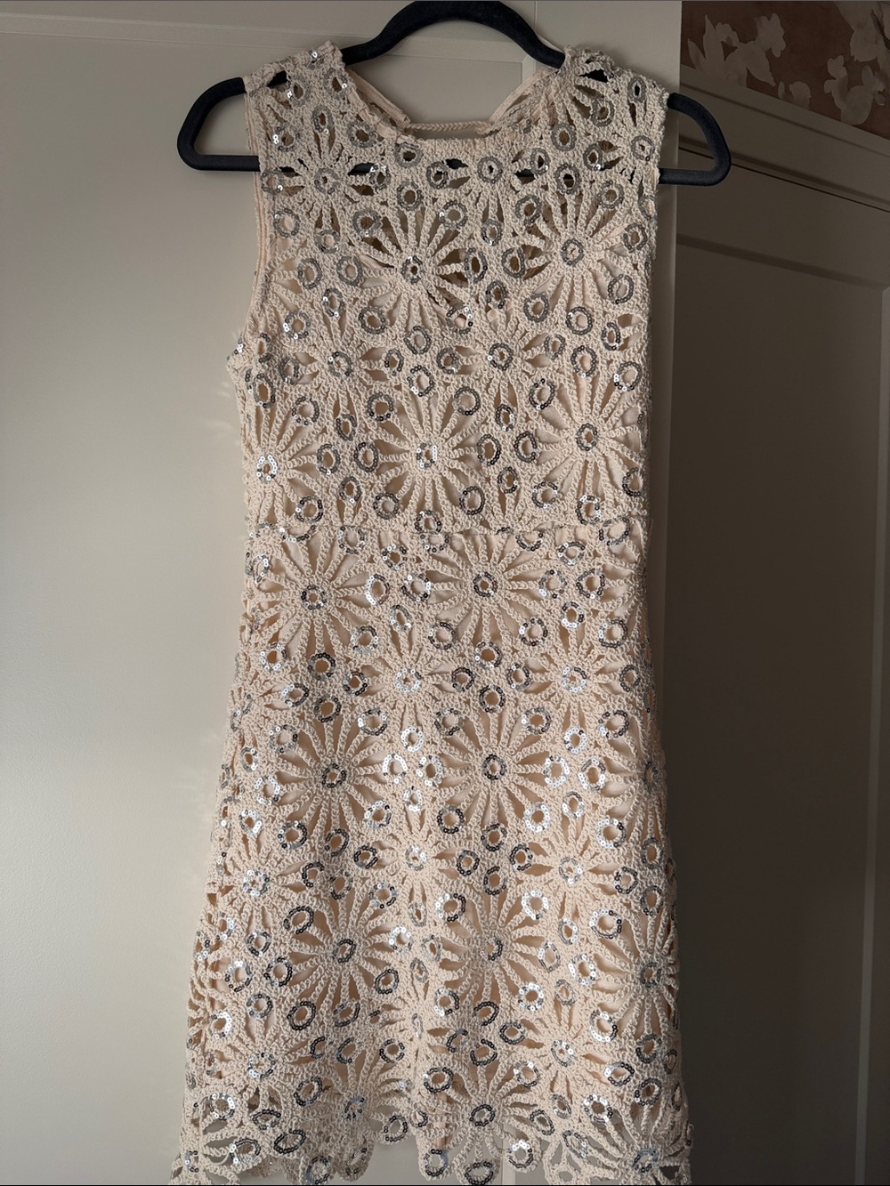 NWT Astr the Label Floral Crochet Shift Dress in Champagne